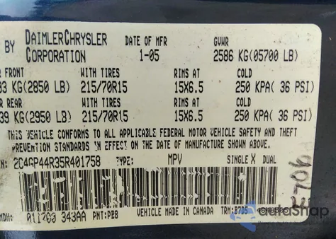 2005 Chrysler Town & Country Lx z USA, uszkodzony, nr VIN 2C4GP44R35R401758